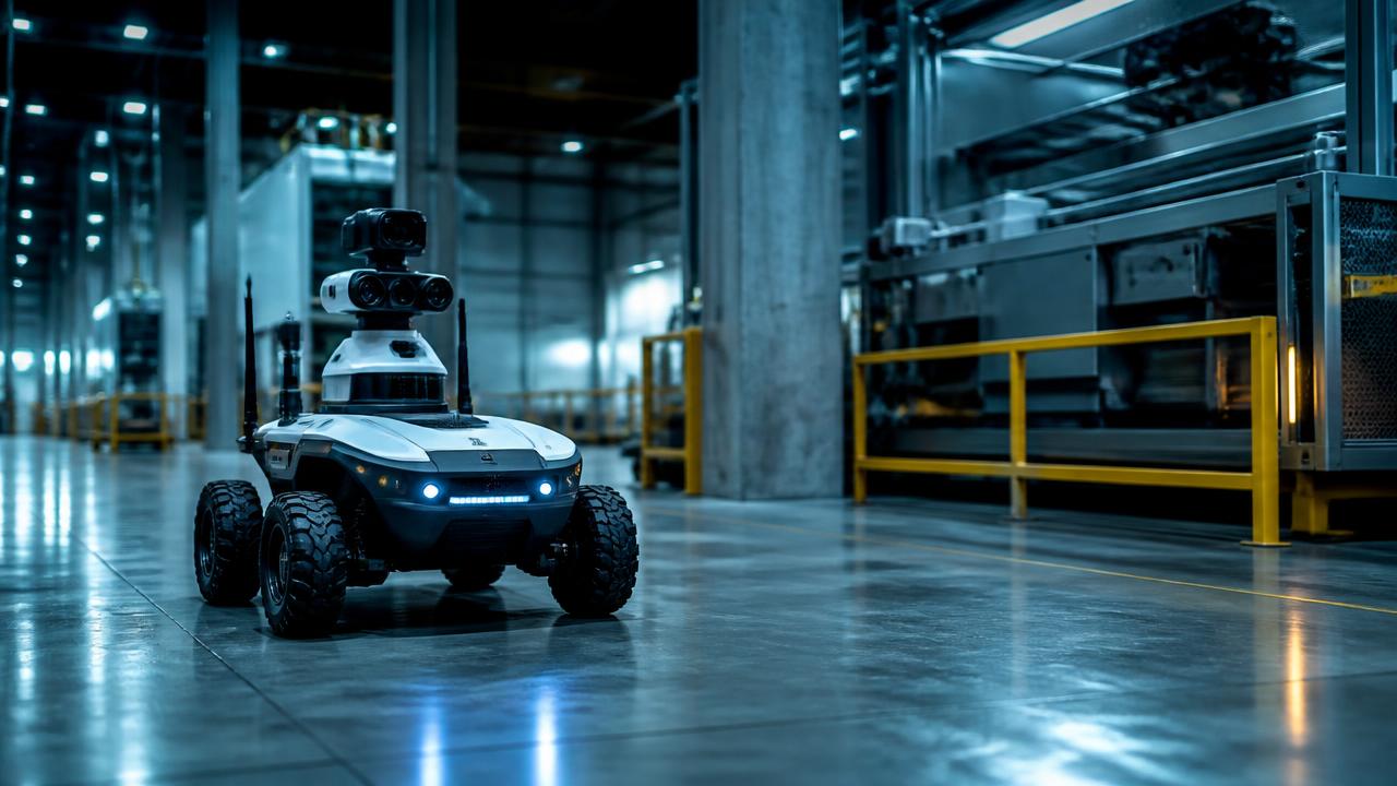 Autonomous AI rover performing inspection in an industrial facility