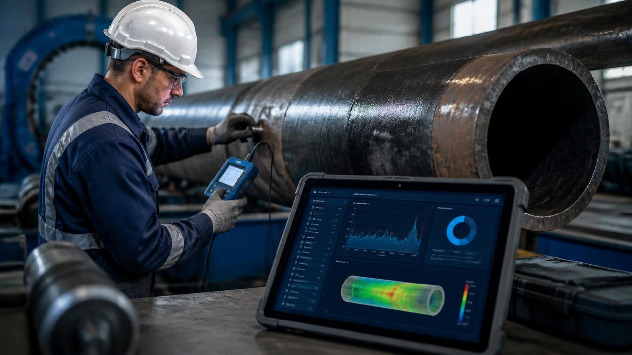 Engineer performing ultrasonic pipe inspection with cloud analytics dashboard