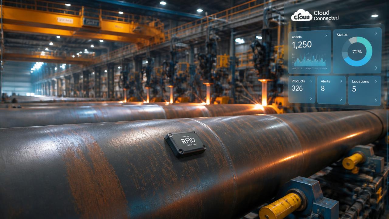 Steel pipe manufacturing line with RFID tracking and cloud dashboard