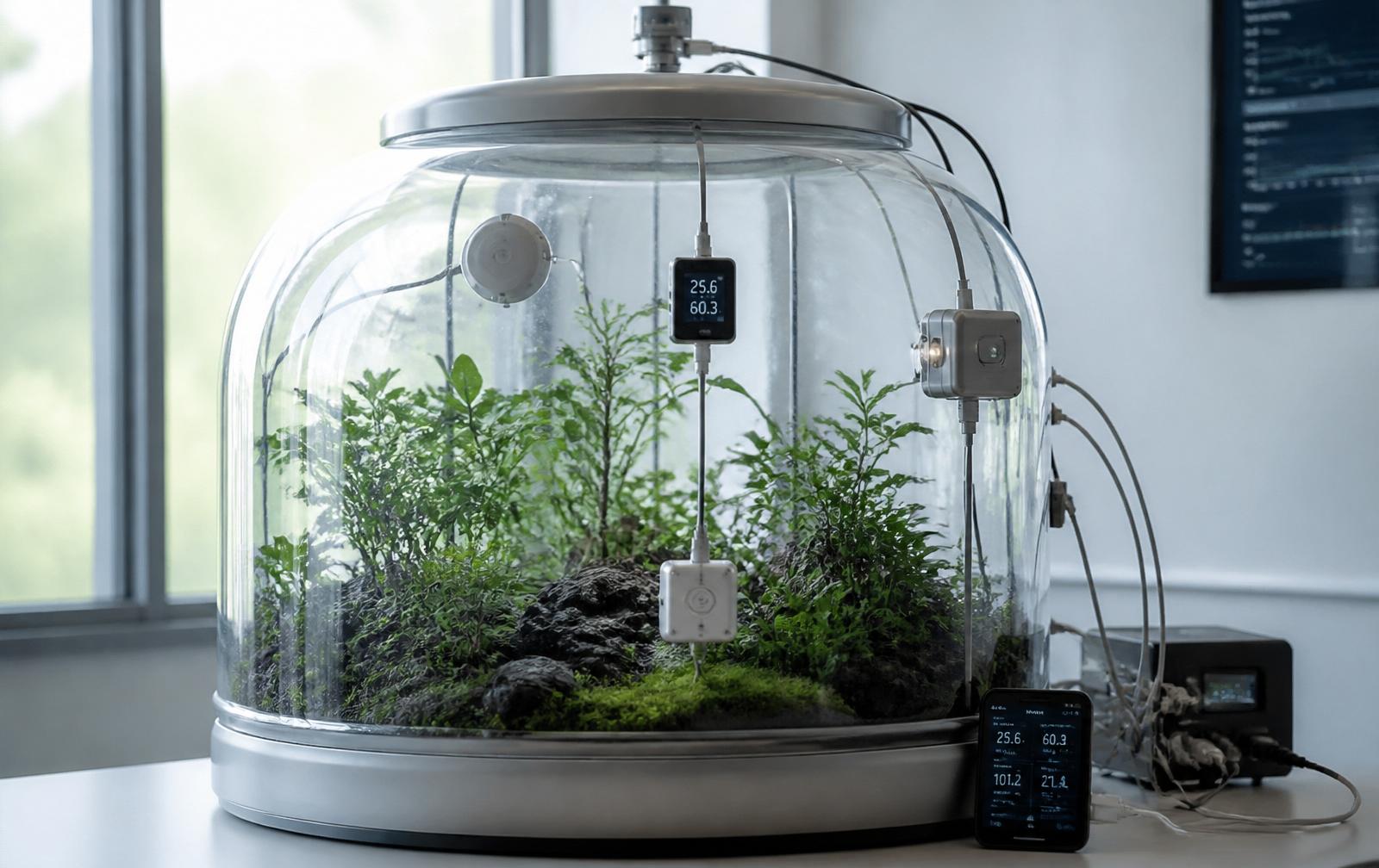 Sealed biosphere terrarium instrumented with IoT environmental sensors