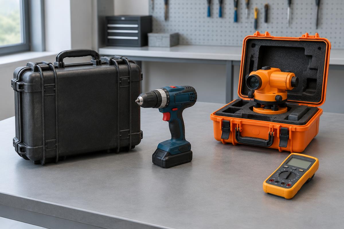 Portable tool case, cordless drill, surveying instrument and test meter on a workshop bench