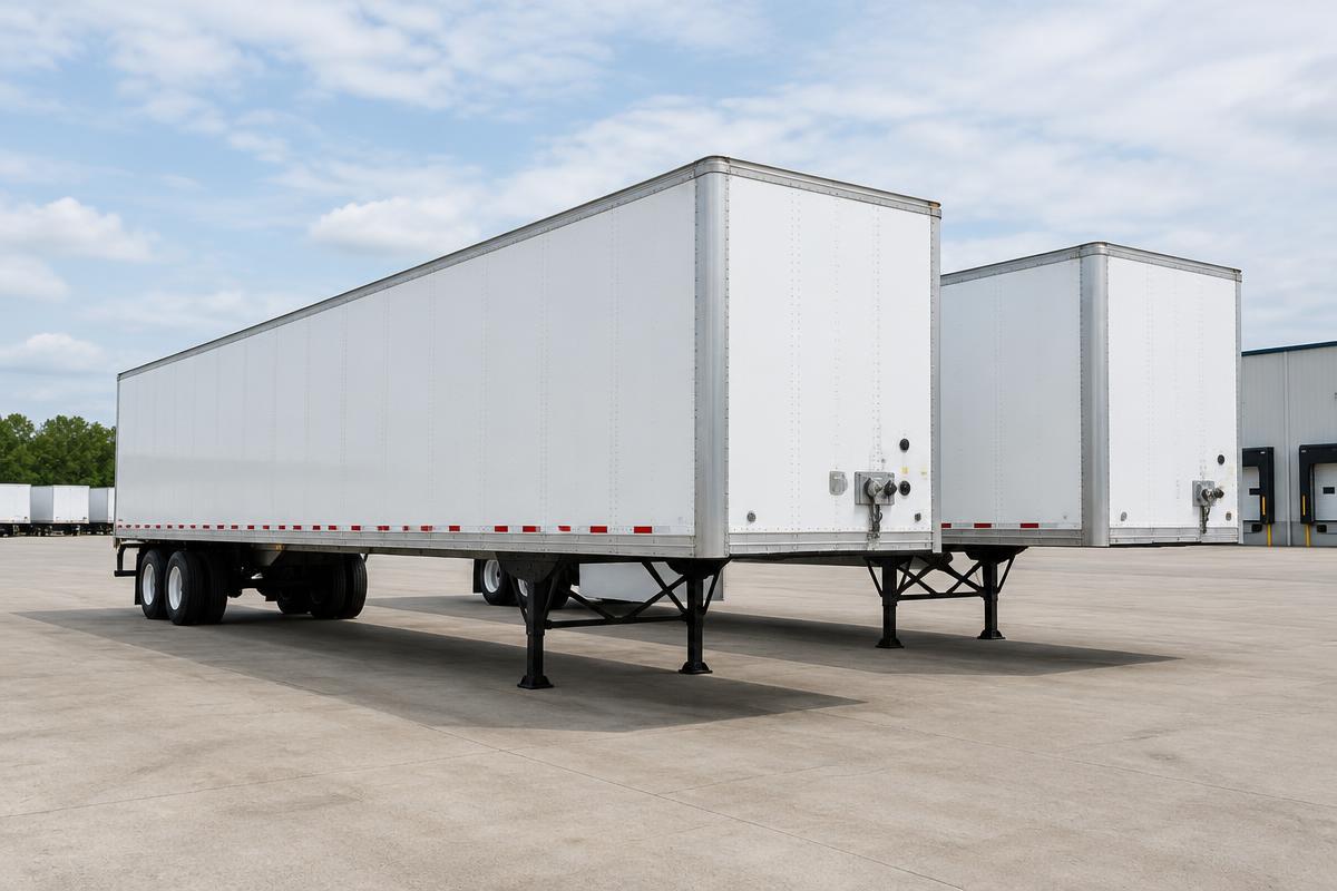 Two dry van semi trailers parked in a distribution yard