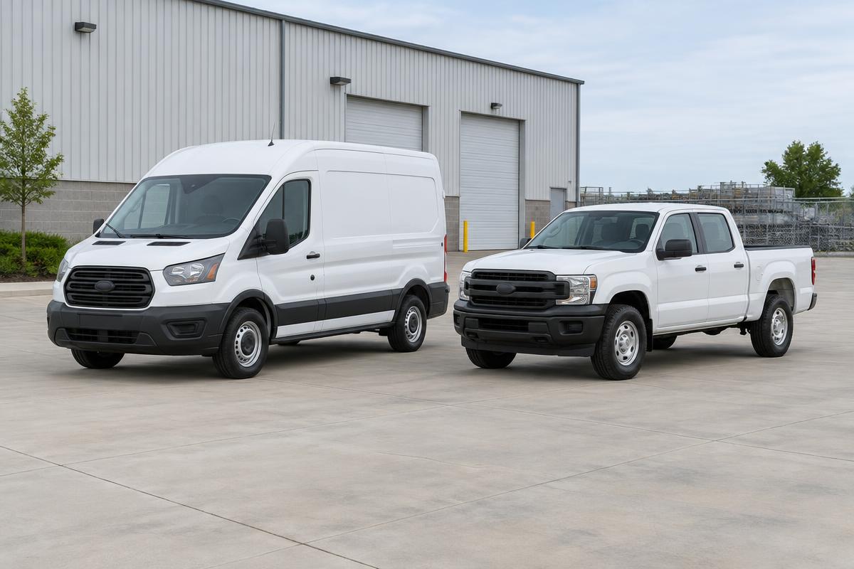 Commercial cargo van and utility pickup truck at a fleet depot